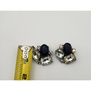 Signed THELMA DEUTSCH VTG Aurora Borealis,Black Glass Rhinestone Clip On Earings